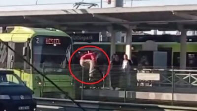 Bursa’da önce metro raylarına daha sonra koruma tellerinin üzerinde atlayarak